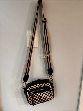 Striped Crossbody Bag with Checker Front Pocket - Black & Cream